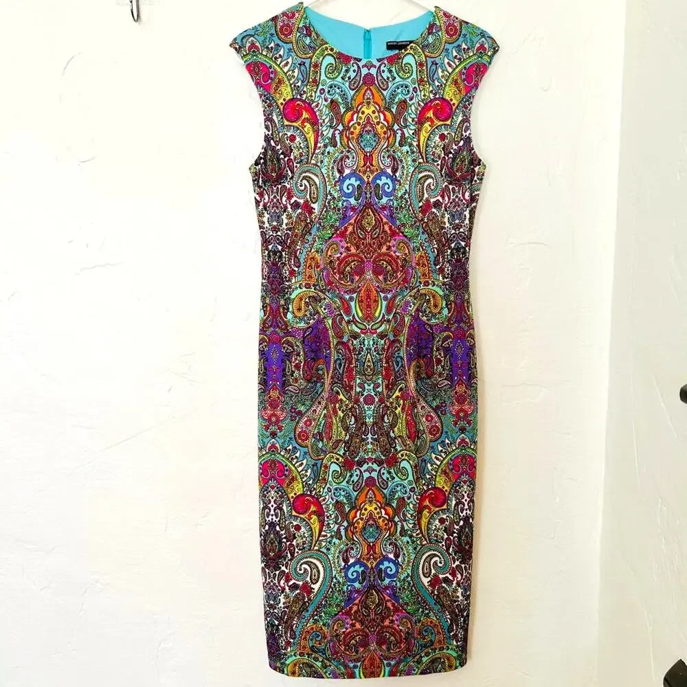 Maggy london paisley dress multicoloured pencil Sz 6